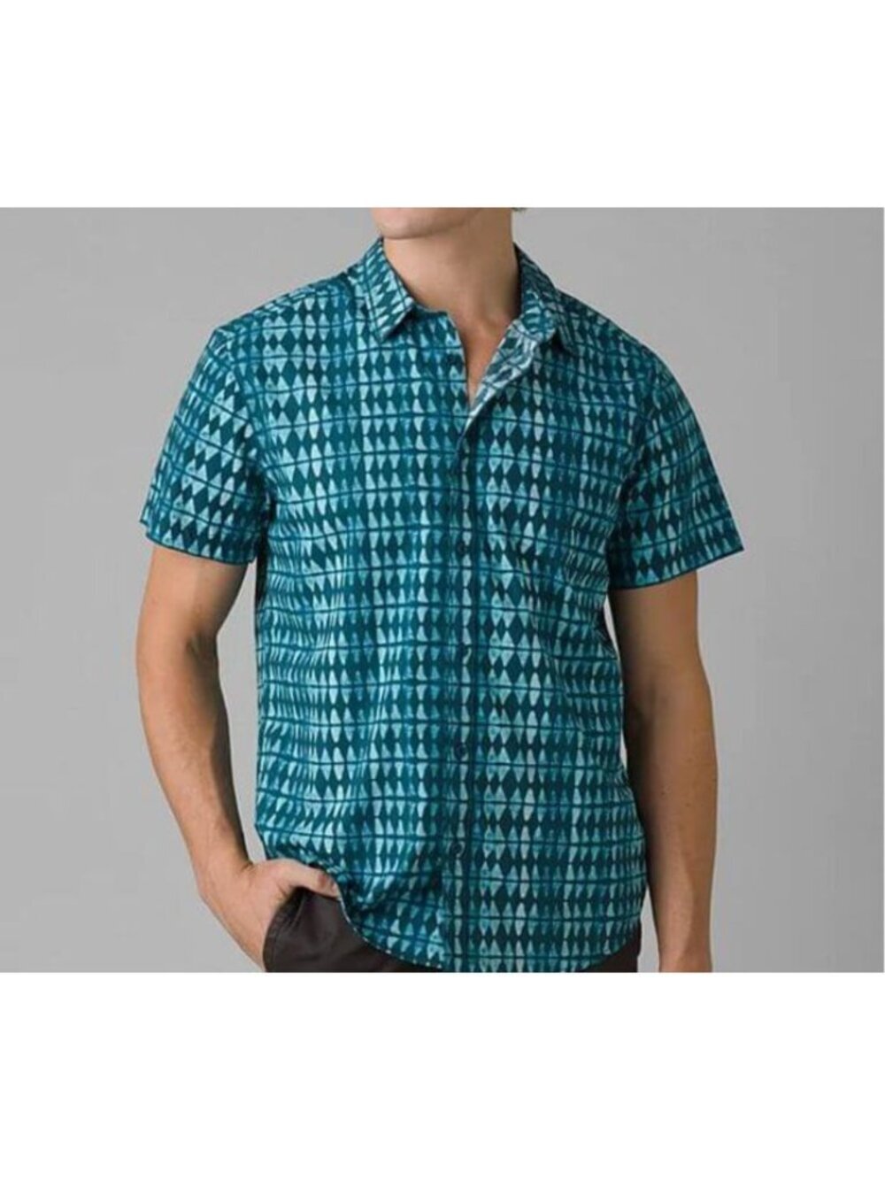 prAna Roots Studio Shirt Mens Medium Slim LANKAI Blue Button Up Geometric